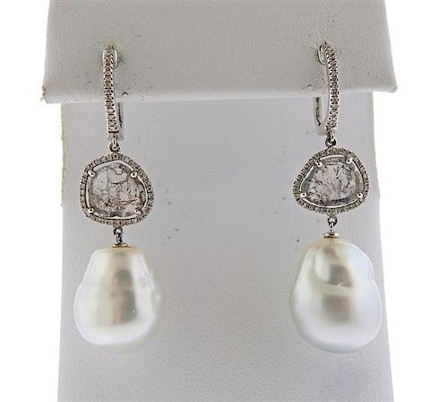 14K Gold Diamond Baroque Pearl Drop Earrings