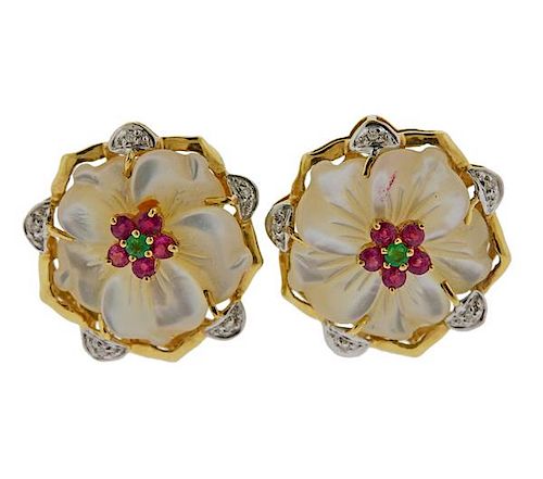 14k Gold Diamond MOP Ruby Emerald Flower Earrings 