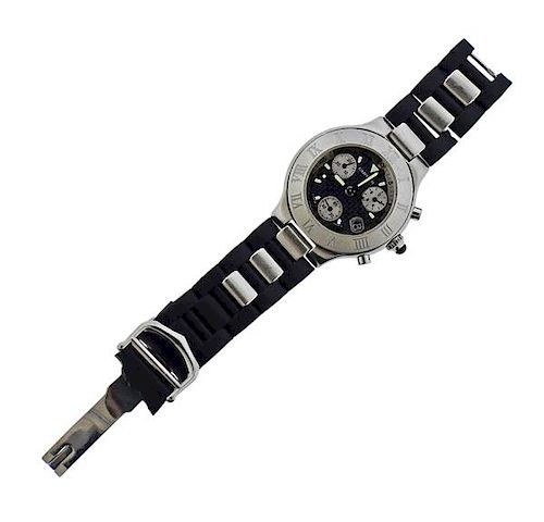 Cartier Chronoscaph 21 Steel Black Rubber Watch 