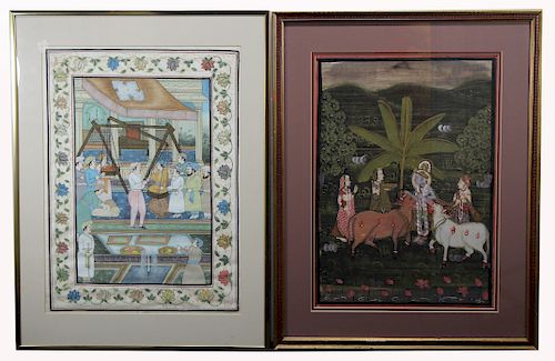 (2) Framed Antique Mughal Paintings on Silk, India