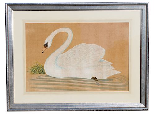 Antique Framed Mixed Media Painting of a Swan