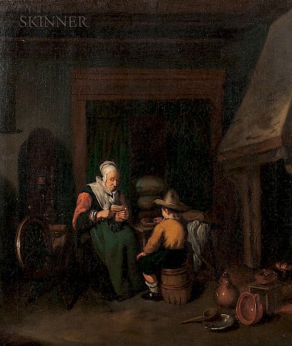 Manner of Quiringh Gerritsz van Brekelenkam (Dutch, c. 1622–1668)  Grandmother and a Boy Snacking by a Hearth