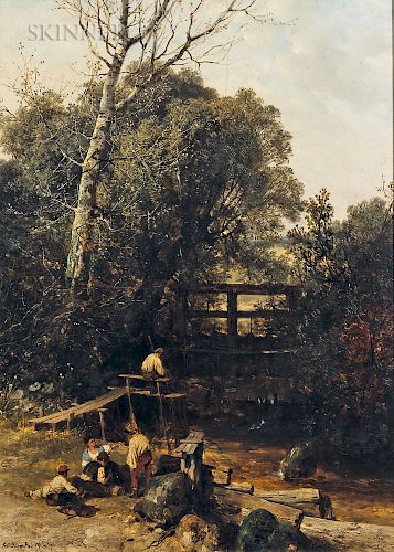Pál (Paul) Böhm (Hungarian, 1839-1905)  Family at Rest by a Bridge and Stream