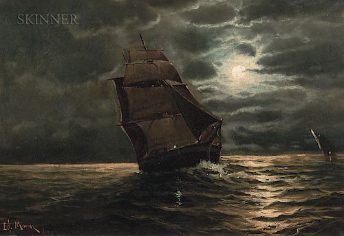 Edward Moran (American, 1829-1901)  Ship in Moonlight