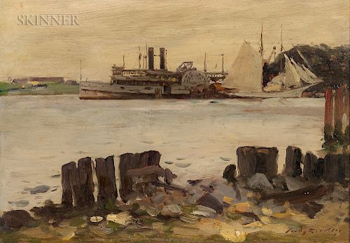 Irving Ramsay Wiles (American, 1861-1948)  Paddle Wheeler and Schooner on the River