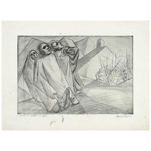 ARNOLD BELKIN, Grupo de hombres (“Group of Men”), Signed and dated 56. Dry point engraving,  5.9 x 7.4” (15 x 19 cm)