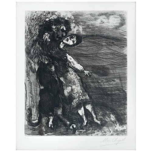 MARC CHAGALL, Le Lion Amoureux, de la serie Les Fables de La Fontaine, 1952, Etching H. C. / XV, 14.9 x 10.6” (38 x 27 cm)