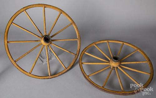 Pair of yellow painted wagon wheels