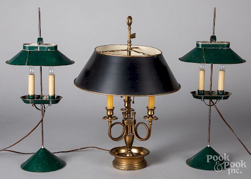Pair of painted tin bouillotte lamps, etc.