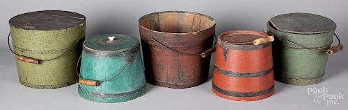 Five painted buckets and firkins