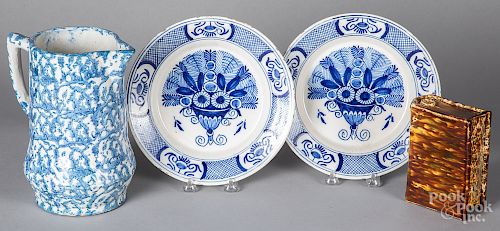 Two Delft blue and white plates, etc.