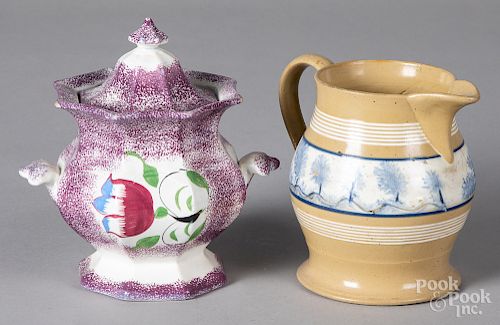 Yellowware pitcher, together with a spatter sugar