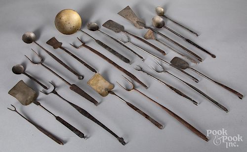 Wrought iron and brass kitchen implements