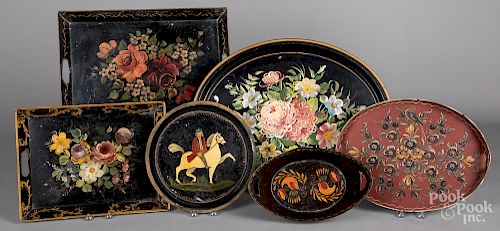 Six folk art painted trays