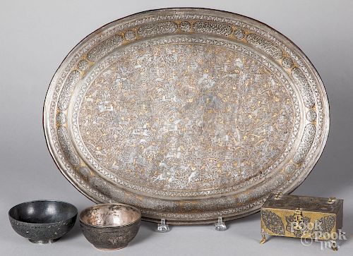 Persian engraved metal tray, etc.