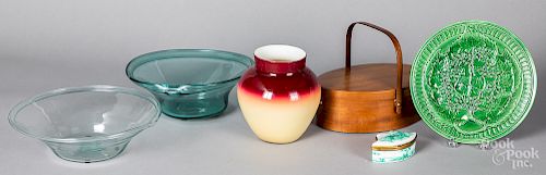 Peachblow glass vase, two blown glass bowls, etc.