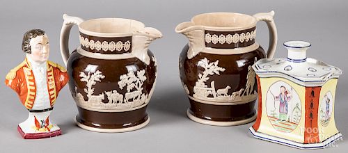 Pair of Staffordshire pitchers, etc.