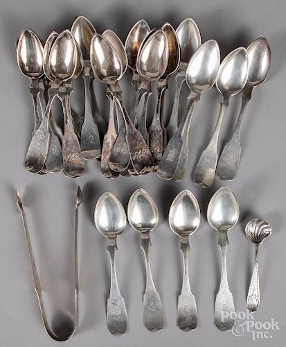 Coin silver spoons, together with sugar tongs