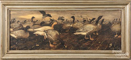 Oil on canvas landscape with geese