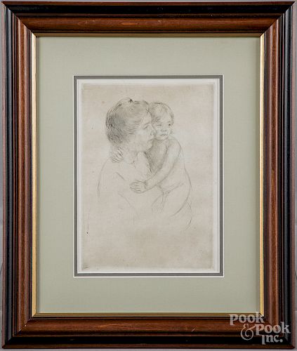 Mary Cassatt engraving of a mother and child, etc