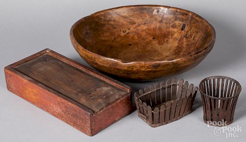 Turned wood bowl, two baskets and a slide box