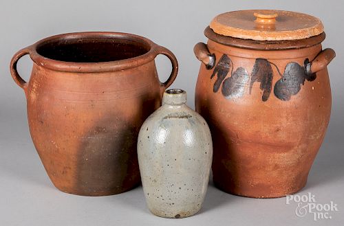 Redware lidded crock, a redware crock and a jug