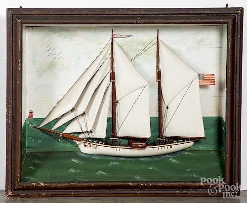 Large carved and painted ship diorama