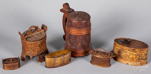 Six Continental carved wood vessels