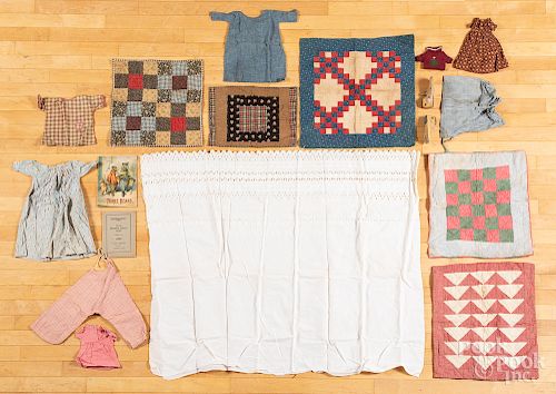 Group of doll clothes, quilts, etc.