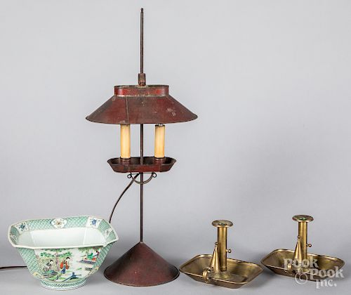 Painted tin table lamp, etc.