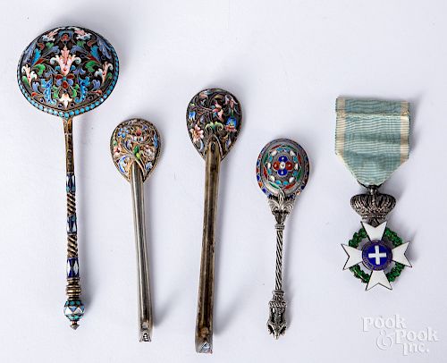 Four Russian silver enamel spoons, etc.