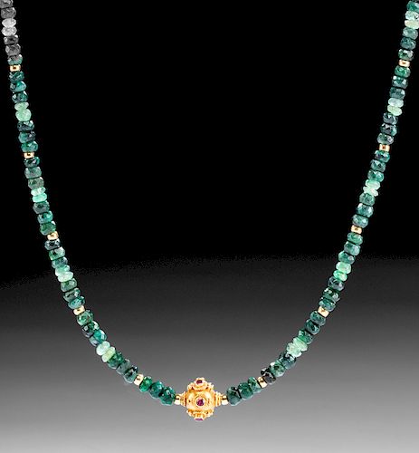 Mughal Indian Gold & Ruby Pendant on Emerald Necklace