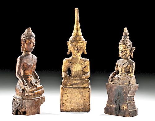 Three 19th C. Southeast Asian Wood Seated Buddhas