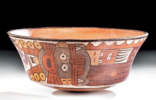 Huge Nazca Polychrome Bowl w/ 2 Masked Mythical Beings