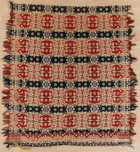 Pennsylvania jacquard coverlet, inscribed Made by J Lutz E Hempfield Township For Mary Newcomer