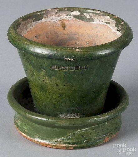 Pennsylvania redware flowerpot, 19th c., impressed John Bell, 4'' h.