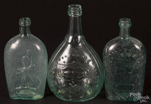 Three aqua flasks, 19th c., tallest - 9''.