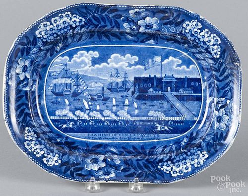Clews historic blue Staffordshire platter, 19th c., with the Landing of Lafayette, 12 1/4'' w.