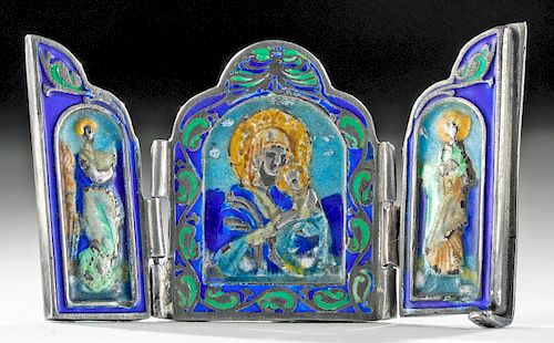 19th C. Russian Enameled Silver Icon - Madonna - 60.8 g