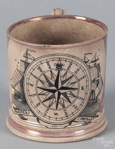 Sunderland pink lustre frog mug, 19th c., with transfer mariner's compass, 4'' h.