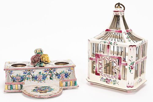 Two French Faience Pieces, Inkwell & Birdcage