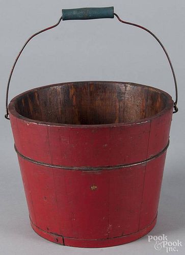 Painted pine sap bucket, 19th c., retaining an old red surface, 7 3/4'' h.