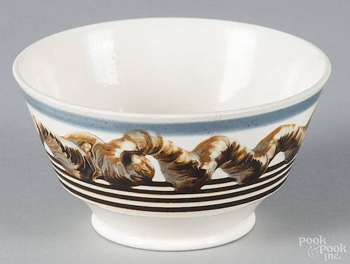 Mochaware bowl, 19th c., with earthworm decoration, 3'' h., 5 1/2'' dia.