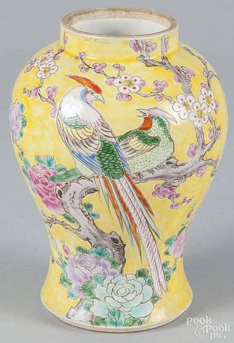 Chinese famille jaune porcelain vase, early 20th c., 8 1/2'' h.
