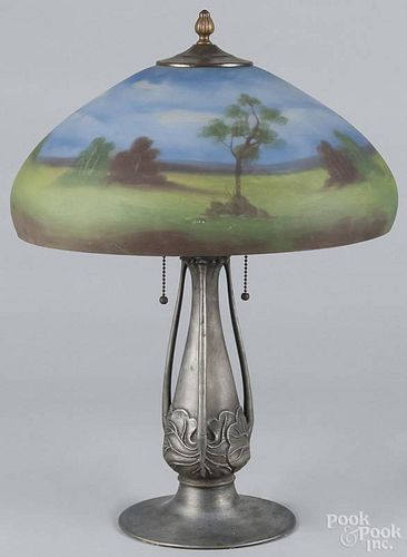 Reverse painted table lamp, early 20th c., 22'' h.