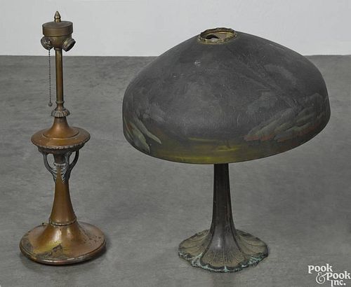 Bronze table lamp with Pittsburgh obverse painted shade, early 20th c.