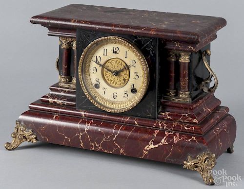 Gilbert faux marble mantel clock, 20th c., 11'' h., 16 1/4'' w.