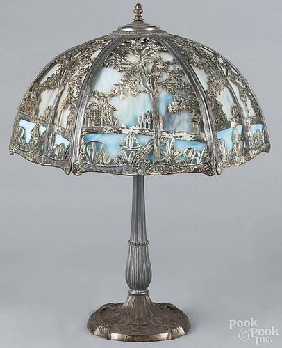 Slag glass table lamp, early 20th c., 26'' h.