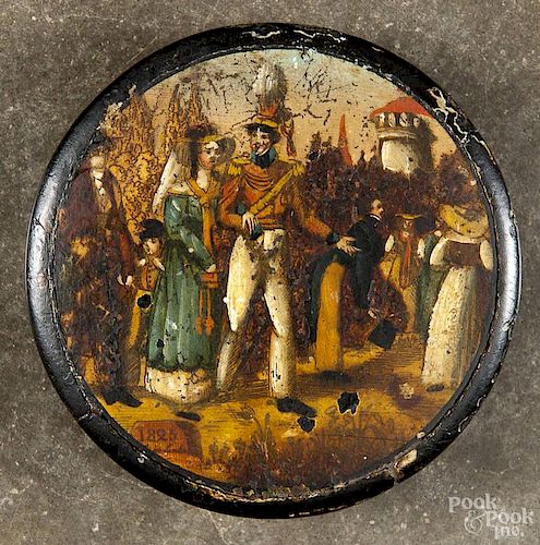 Continental lacquer dresser box, 19th c., with a painted courting scene, 3 1/8'' dia.