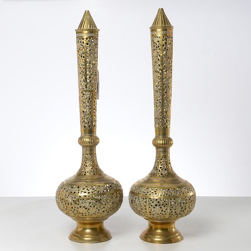 Pair large Moroccan pierced brass incense burners